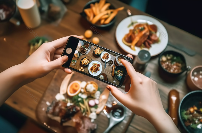 一名女子在美食大厅用餐前用智能手机拍下了世界各地的各种美食国际美食和饮食文化外出就餐的生活方式照相机吃第一文化图像摄影,高清,摄影图,摄影图片,图片大全,摄影图免费下载